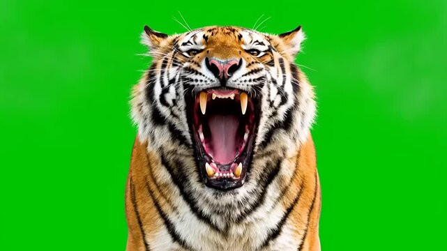 Close up of a fierce tiger roaring with mouth open on a green screen background.