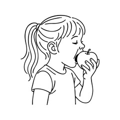 Logotipo estilo de vida saludable. Dibujo sencillo con líneas de una niña comiendo una manzana vista de perfil  © teracreonte