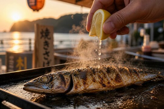 A mackerel grilling on a hotplate, a slice of lemon being squeezed over it.
