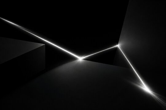 A streaking silver light trail on a dark background with geometric shapes.