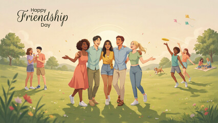 Obraz premium Happy friendship day celebration with diverse friends in a park
