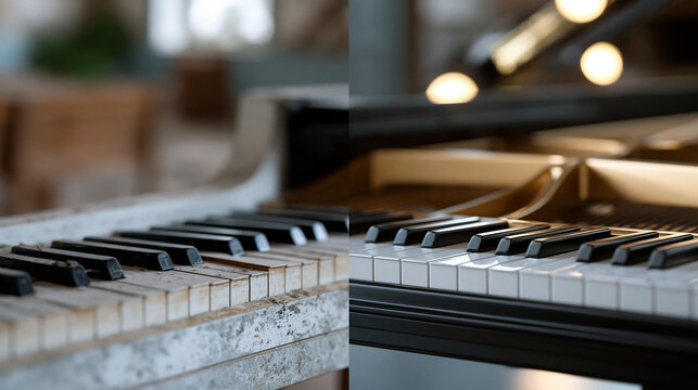 Before-and-after diptych of a concert grand piano keyboard, one half dusty and string-broken in an abandoned rural hall, one half gleaming under stage spotlights, restoration as