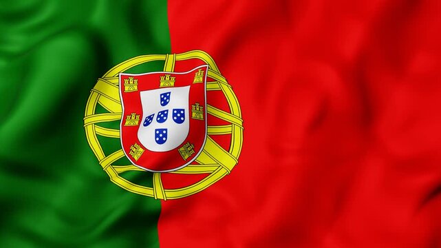 Vibrant Portuguese flag 3d animation waves with realistic fabric texture. Green and red fields ripple in the breeze. Central emblem features shield with five blue quinas. seamless loop motion graphics