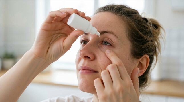 Close-up of a young woman applying eye drops from a white bottle. Female using medical drops to relieve dry eye and allergy symptoms