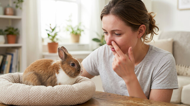 Woman reacting to rabbit pet allergy. Itchy nose symptom from animal dander