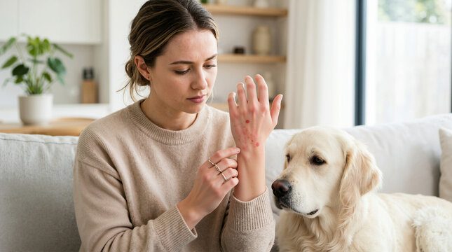 Woman noticing skin rash after touching a dog. Pet allergy reaction on hand