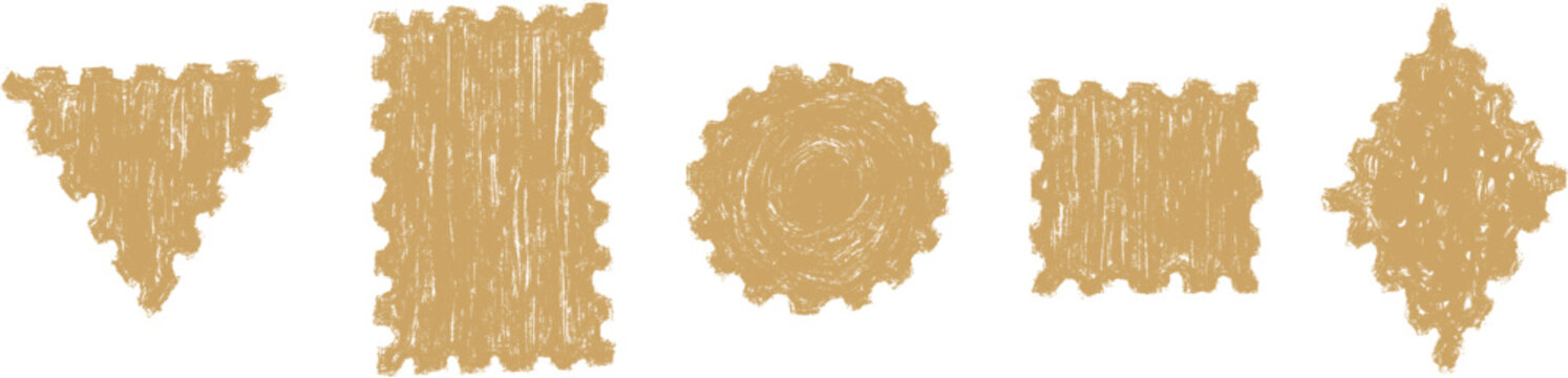 Textured gold postage stamp silhouettes set. Vector hand drawn craft paper mail stamps collection with crayon sketch texture isolated on white background.