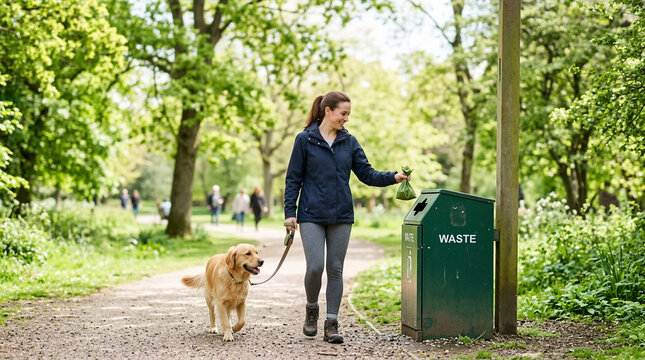 Woman walking golden retriever dog and disposing of waste bag in a park bin. Responsible pet owner throwing dog poop bag into public waste can. Outdoor recreation concept