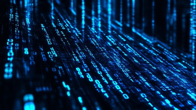 Glowing blue digital binary code streams flowing across a dark background representing complex computer data processing and modern network connectivity