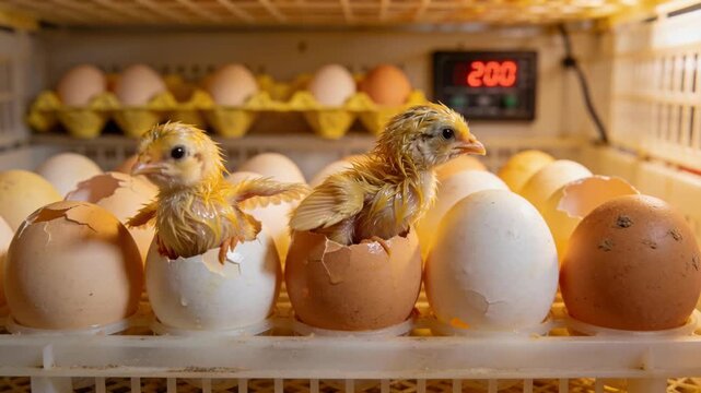 A human hand gently touches two newly hatched chicks in an egg incubator during the spring season.