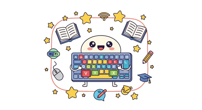Happy cartoon robot with keyboard learning.