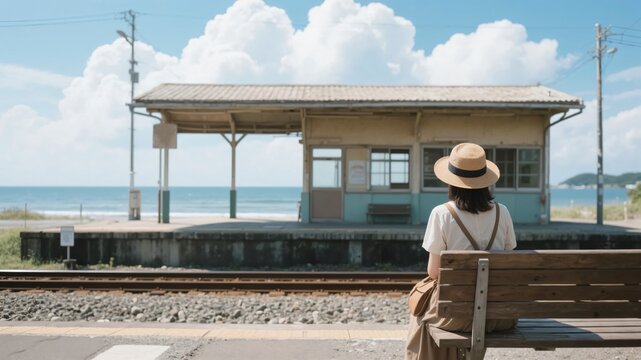 夏の青空と海が見える無人駅のホームのベンチに座る麦わら帽子の女性の後ろ姿
