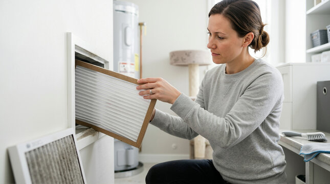 Woman changing a furnace air filter in her home to improve air quality. Female replacing dirty HVAC filter with a clean one to control dust and pet allergies