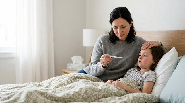 Mother checking her sick daughter's temperature with a digital thermometer. Caring parent resting hand on child's forehead in bed during illness