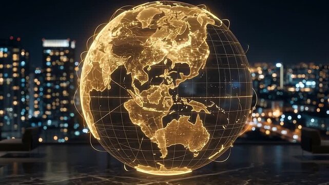 Glowing digital globe illuminated with global connectivity and network technology floats above reflective surface in futuristic cityscape at night showcasing advanced digital innovation