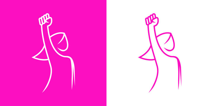 Logo D&iacute;a Internacional de la Mujer. Dibujo minimalista con l&iacute;neas de una mujer con el pu&ntilde;o cerrado en alto en rosa y blanco 