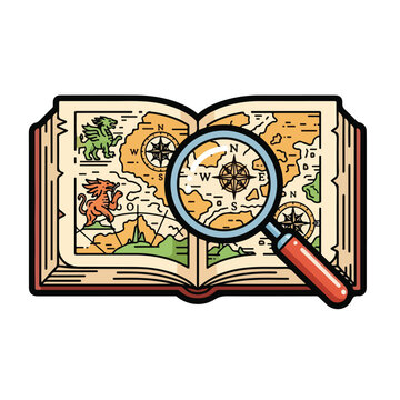 A magnifying glass on an open book with a map
