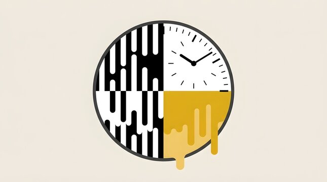 Minimalist conceptual clock illustration, abstract time management symbol, melting gold and geometric pattern clock face on beige background
