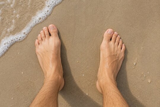 Bare Feet Standing on Sandy Beach Shoreline