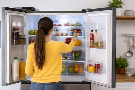 Woman choosing fresh food from refrigerator in modern kitchen
