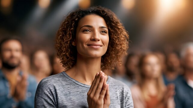 Diverse congregation worshipping with hands raised