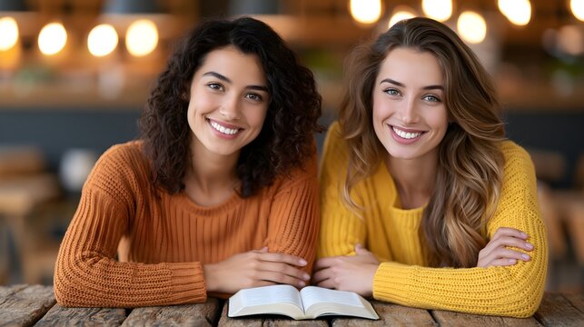 Two women reading an open Bible at a coffee shop table