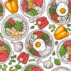 Naklejka premium Healthy bowl seamless pattern. Hand drawn vector illustration. Vegetables, salad, meat. Organic food background. Top view. Healthy bowl ingredients.