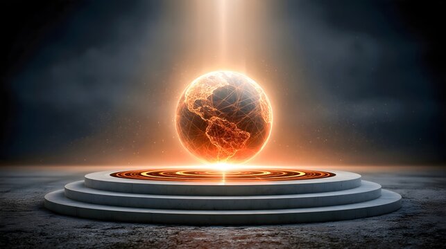 Glowing wireframe globe on a stage for the Great Commission