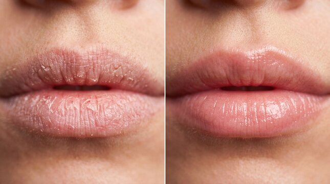 Dry lips chapped lips lip care smooth lips before and after hydration close up female skincare healthy beauty recovery