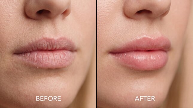 Before and after lip barrier recovery featuring smoother hydrated healthy lips close up of female mouth skincare improvement natural beauty soft texture moisture boost