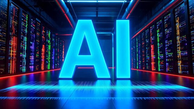 AI server room with glowing letters