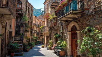 Fototapeta premium Charming old Italian street; stone buildings with balconies overflowing with flowers and greenery