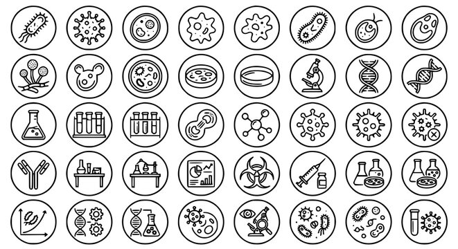 Microbiology Outline Icon Collection with Microorganisms Bacteria Viruses Laboratory and Biotechnology Elements