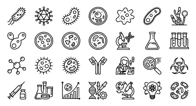 Set of 30 Microorganisms Editable Stroke Outline Icons with Bacteria Viruses Cells and Microbiology Research Symbols