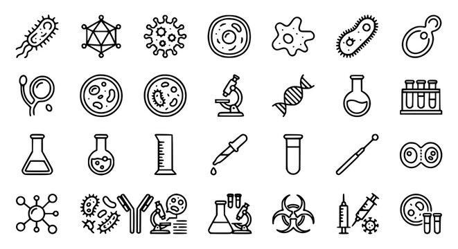 Microorganisms Line Icons Pack Featuring Bacteria Viruses Cells Laboratory Research and Biotechnology Elements