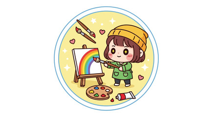 Naklejka premium Little girl painting on canvas.