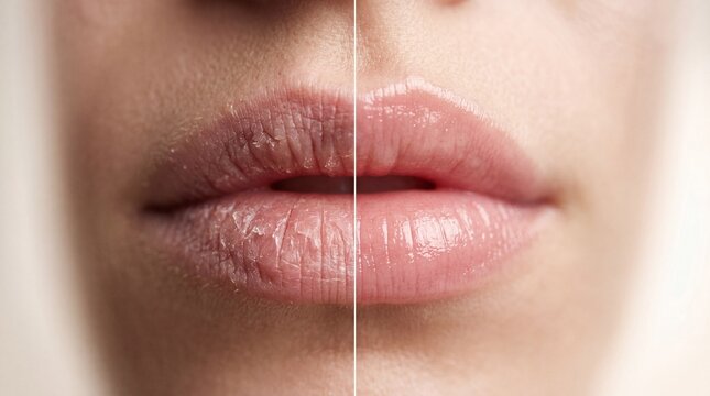 Dry lips cracked lips healthy lips smooth lips close up female mouth skin care beauty comparison before and after hydration