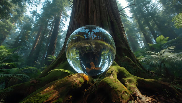 Crystal sphere on mossy roots of giant redwood tree in sunlit forest