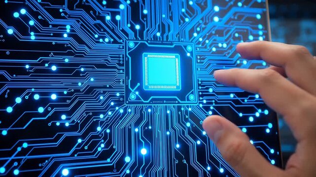 Hand interacting with glowing circuit board