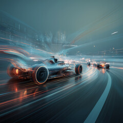 Naklejka premium Futuristic open-wheel race cars with glowing energy trails at night