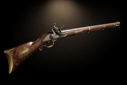 Antique flintlock musket with ornate wooden stock and brass fittings.
