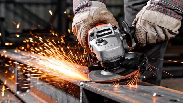 A construction worker uses an angle grinder to smooth and cut steel beams with bright sparks flying.
