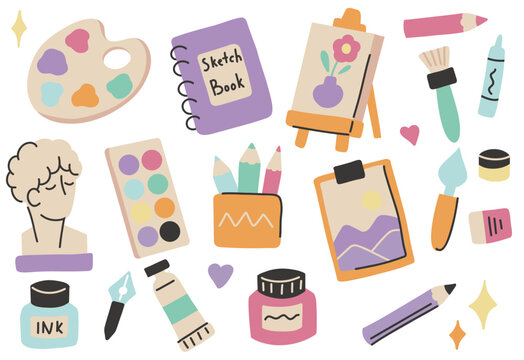 Vector set of art supplies in a modern naive style. Collection of hand drawn paints, sculptures, palettes, brushes, easels, and sketchbooks