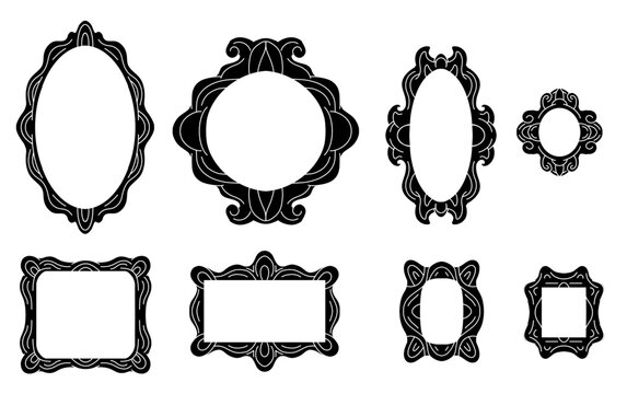 Vector set of black silhouette of baroque frames isolated from the background. Monochrome rich collection of antique framework