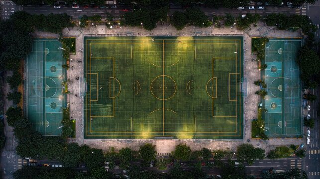 An aerial view showcases a rectangular park with a soccer field and two basketball courts, surrounded by trees and lit