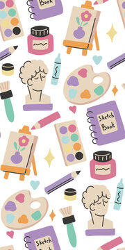 Vector seamless pattern with art supplies in a modern naive style. Texture with paints, sculptures, palettes, brushes, easels, and sketchbooks