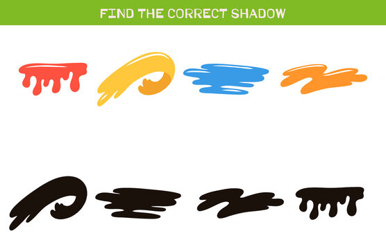 Educational game for children Find the correct shadow of acrylic brush strokes. Practice template with colorful paint strokes