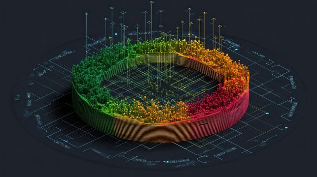 A 3D circular graph with color gradients representing data points, surrounded by a network of lines