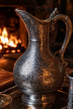 An intricately engraved silver flagon reflecting flickering firelight.