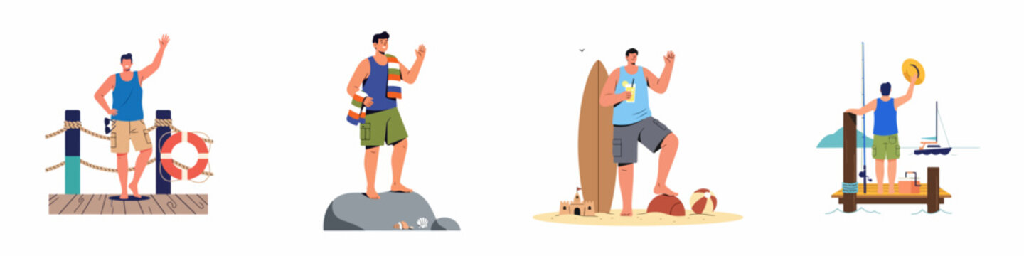 Flat vector illustration of a man enjoying various summer beach activities like surfing, fishing, and relaxing by the ocean on vacation.